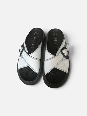 Miista White & Black Cross-Strap Slide Sandals